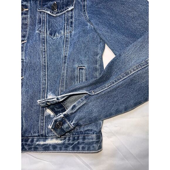 Hija De Tu Made Denim Jacket Women’s Size XS Blue Sequin Mexican Flag Distressed - Picture 5 of 16